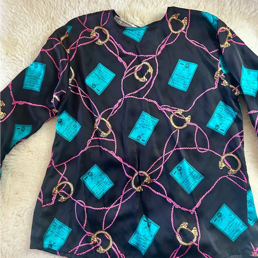 Designer Vintage 100% silk Black and Teal Patterned Women's Top